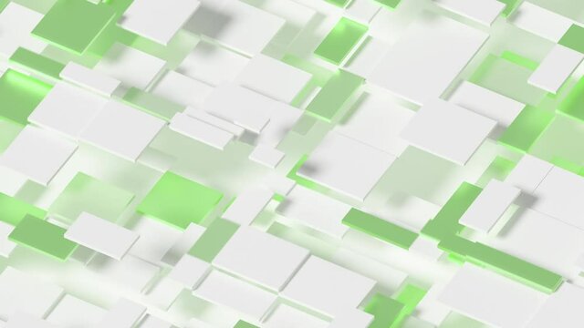 Elegant Dynamic Squares Loop 1 Green x White. Abstract grid of sharp edge square and rectangle shapes moving gently up and down. Metallic mint green and white thin cube shapes dynamically moving. 
