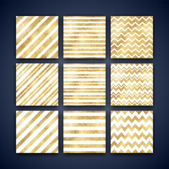Vector Geometric Striped Golden Seamless Pattern Set. Shiny gold foil repeat texture with white diagonal lines, stripe, zigzag. Abstract festive metal print for digital paper, background, wallpaper