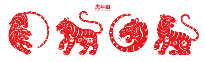 Year of Tiger 2022 text translation, set of red wild cats with flower arrangements, tigers with floral patterns. Happy Chinese holiday celebration, spring festival mascot, greeting cards decoration - obrazy, fototapety, plakaty