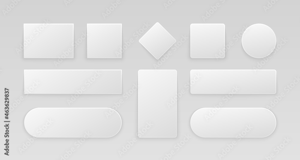 Poster white glossy web buttons. set of realistic 3d icons, internet stickers square rectangle circle shape
