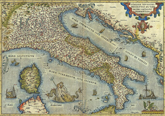 Old vintage colorful 16th-century map of Italy showing Corsica and the western coast of the Balkans