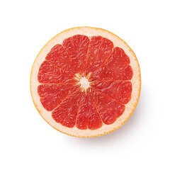  Single slice of red grapefruit on white background