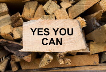 Wall firewood. Background of dry chopped firewood logs in a pile and plate with text Yes You Can