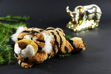 Christmas festive decor with a tiger on a black background.