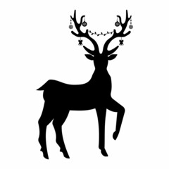 Christmas deer antlers with garland and gifts, black stencil, isolated vector illustration