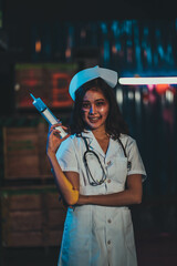 Horror scary evil insane nurse doctor held the knife, Zombie woman gosth with halloween concept