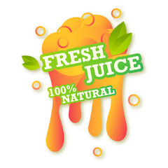 Juice fresh fruit label icon. 100% natural juicy orange drop. Orange healthy juice design sticker. Vector illustration.