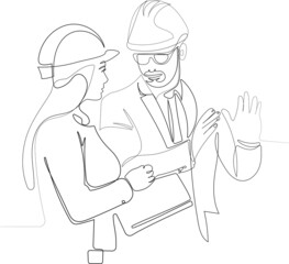 Two professional people with helmets working in quality control in factory production line. Vector illustration