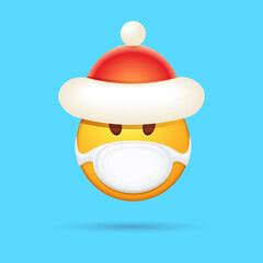 Vector Emoji sticker with mouth medical protection mask and santa claus red hat isolated on blue background. Yellow santa smile face character with Christmas hat and white surgeon mask.