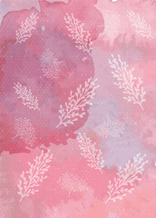 Fototapeta na wymiar Watercolor pink background with herbs in doodle style. Drawn by hand.Card. 