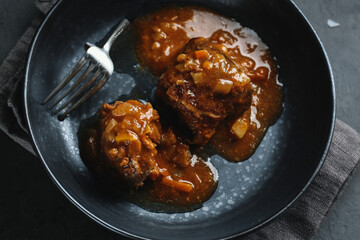 Stew from beef and vegetables on plate