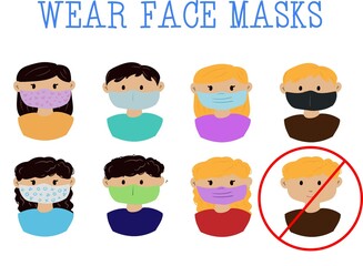 wear your face mask to fight against COVID-19, colorful doodle art informative illustration