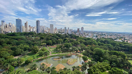 Fototapeta na wymiar Aerial view of the largest park with lakes and tropical trees in Goiania, Goias, Brazil 