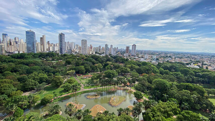 Aerial view of the largest park with lakes and tropical trees in Goiania, Goias, Brazil 