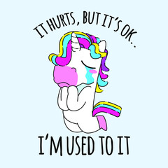 Cute unicorn quote vector illustration, sad unicorn