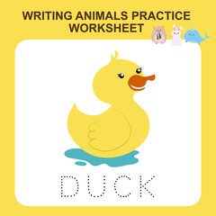 Writing animals practice worksheet. Educational printable worksheet. Exercises lettering game for kids. Vector illustration.