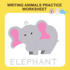 Writing animals practice worksheet. Educational printable worksheet. Exercises lettering game for kids. Vector illustration.