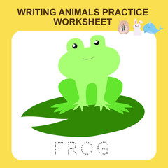 Writing animals practice worksheet. Educational printable worksheet. Exercises lettering game for kids. Vector illustration.