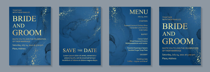 Modern watercolor background or elegant card design for birthday invite or wedding or menu with abstract navy blue ink waves and golden splashes.