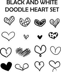 black and white heart doodle in various style and sizes for valentine with textures and solid colors, thin and thick lines