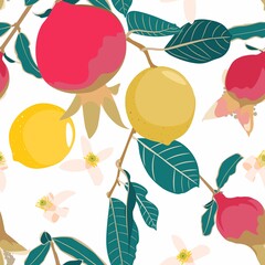 Art floral seamless pattern. Pomegranate tree with bluberry, lemons and blue leaves. Red pomegranates with leaves isolated on a beige background.