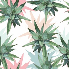 Flowers seamless pattern, agave, cacti, aloe greenery. Decorative white background in rustic boho style for fabric.