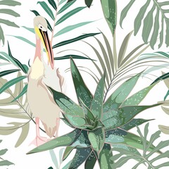 Seamless pattern with pelican bird and cacti, aloe plant. Creative tropical texture for fabric, wrapping, textile, wallpaper, apparel.