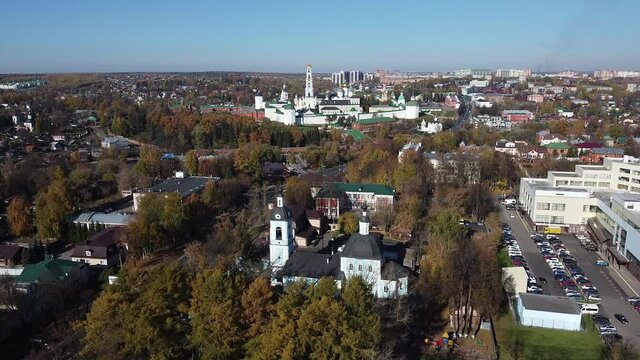 Sergiev Posad, Russia - 08 October 2021: Autumn view of the Holy Trinity Lavra of St. Sergius from a bird's eye view