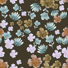 watercolor illustration seamless pattern ,botanical print,pale pink and blue abstract flowers on dark background,for wallpaper ,fabric or furniture