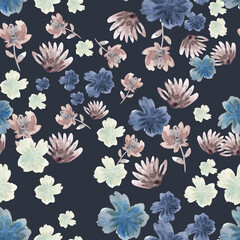 watercolor illustration seamless pattern ,botanical print,pale pink and blue abstract flowers on dark background,for wallpaper ,fabric or furniture