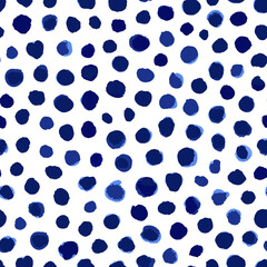 Indigo blue Ink dots seamless repeat pattern. Random placed, irregular, aquarell vector round spots all over surface print on white background.