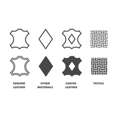 Shoe materials black vector icon set. Shoes with genuine leather, textile symbols.