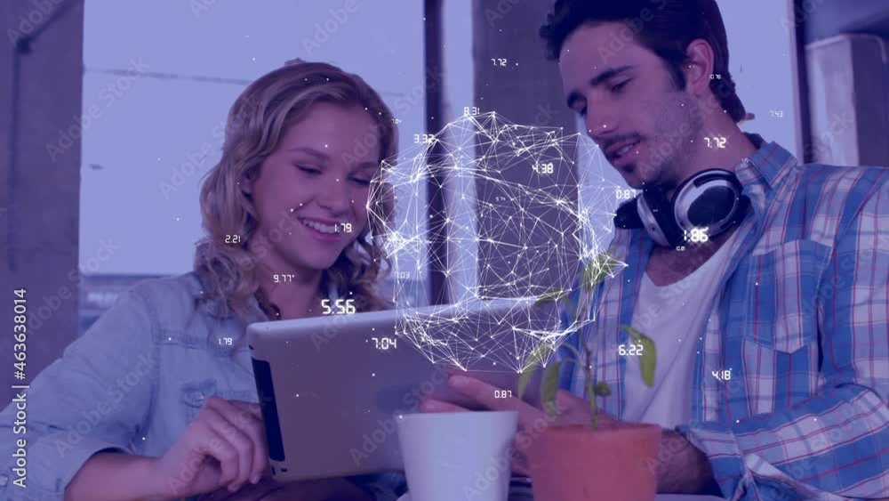 Poster animation of globe spinning and network of connections over colleagues using digital tablet in offic