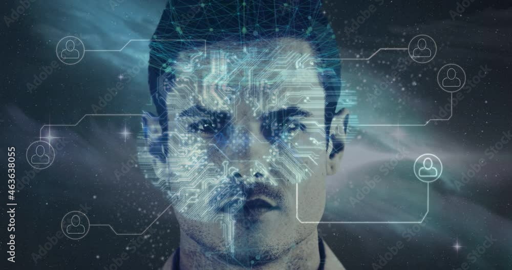 Poster animation of digital interface with icons and data processing. global computer network technology co