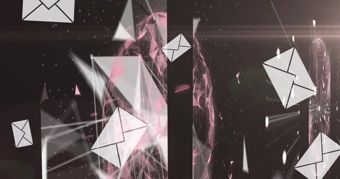 Animation of digital interface data processing with email envelopes falling and networks of connecti