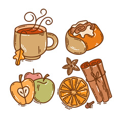 Colorful hand-drawn autumn mood vector icons set in doodle style. Cozy cute cartoon elements collection isolated on white background for seasonal decoration.