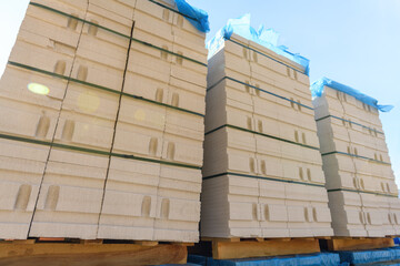 Aerated concrete blocks, gas blocks in the construction market on the street, bottom view.