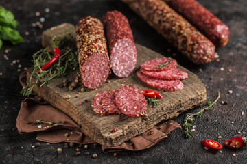 Smoked beef sausage in spices on a wooden board