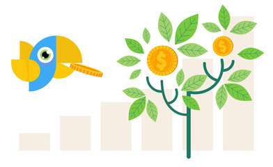 Investment growth tree vector illustration of income profit of a businessman money coins on a tree and a bird carries a coin. Cartoon flat commerce and business income concept.