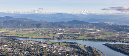 Aerial View of Mission City, Fraser River and Mnt Baker in background. Located East of Vancouver, British Columbia, Canada.