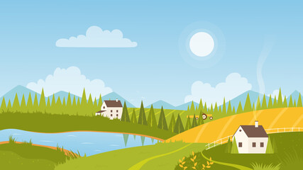 Rural landscape with sunrise vector illustration. Cartoon scenery with farm houses on green grassland hills, path among farmland fields, summer nature and sun over horizon, pastoral scene background