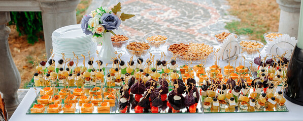 Canapes, cold snacks with cheese, cherry tomatoes, olives, red caviar and nuts for a buffet on the...
