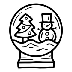 Snow globe with snowman and Christmas tree linear vector icon in doodle sketch style