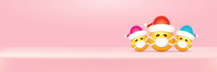 Fototapeta premium Vector Christmas horizontal banner with funky Emoji sticker with mouth medical protection mask and santa claus red hat isolated on pink podium background. Yellow santa doctor smile face character set