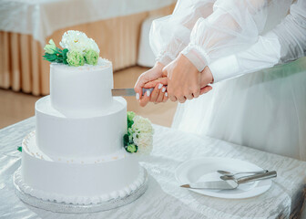 Newlyweds cut the wedding cake. A bride and a groom hands are holding a knife, close up. Beautiful...