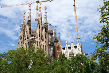 BARCELONA, SPAIN - AUG 30, 2018: Sagrada Familia is a Roman Catholic basilica in Barcelona....