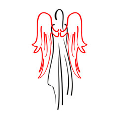 Silhouette of an angel with wings from the back. Contour drawing on a white background.