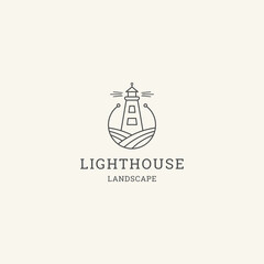Landscape of lighthouse logo design with line art concept