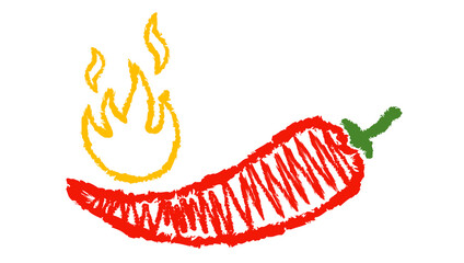 Vector illustration of a spicy chili pepper with flame in hand drawing style. - obrazy, fototapety, plakaty