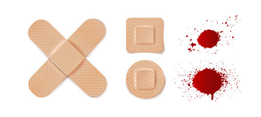 Vector set illustrations of band aids and blood drops.